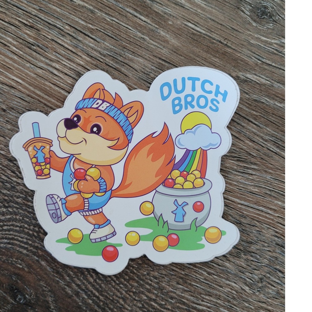 Dutch Bros Sticker Fox Roller Skating Rainbow Pot of Gold Cartoon Sticker‎ #HH